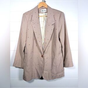 Sportables Beige Houndstooth Blazer Rhinstone Accents Made in USA Medium Vintage